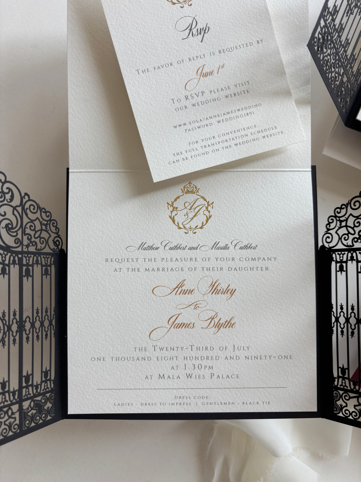 Personalised Laser Cut Wedding Invitation Suite, Gold Foil Invitations, Custom Venue Sketch, Elegant Gatefold Wedding Invitation