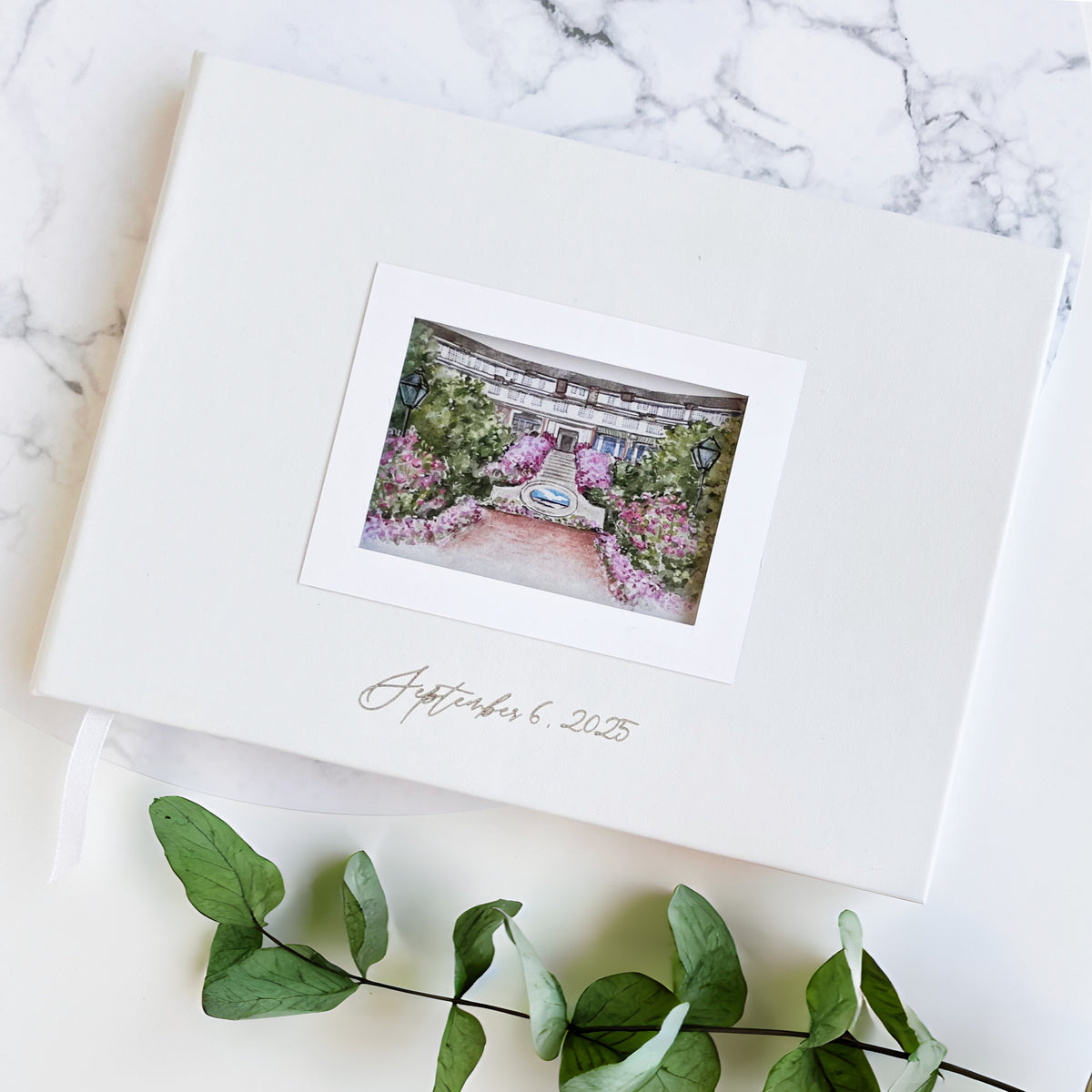 Personalized Wedding Photo Guest Book – Venue Illustration, Custom Vegan Leather