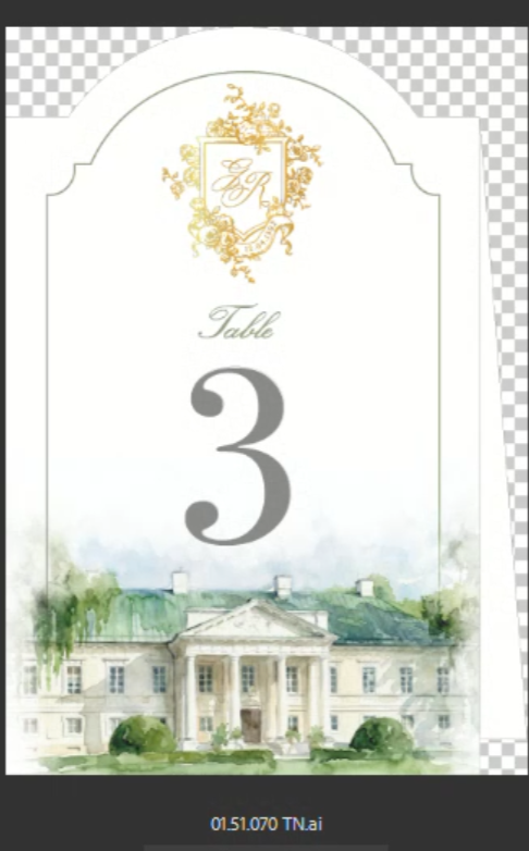 Watercolour Arch Table Number with Gold Foil Monogram | Villa Cappuccina, Italy