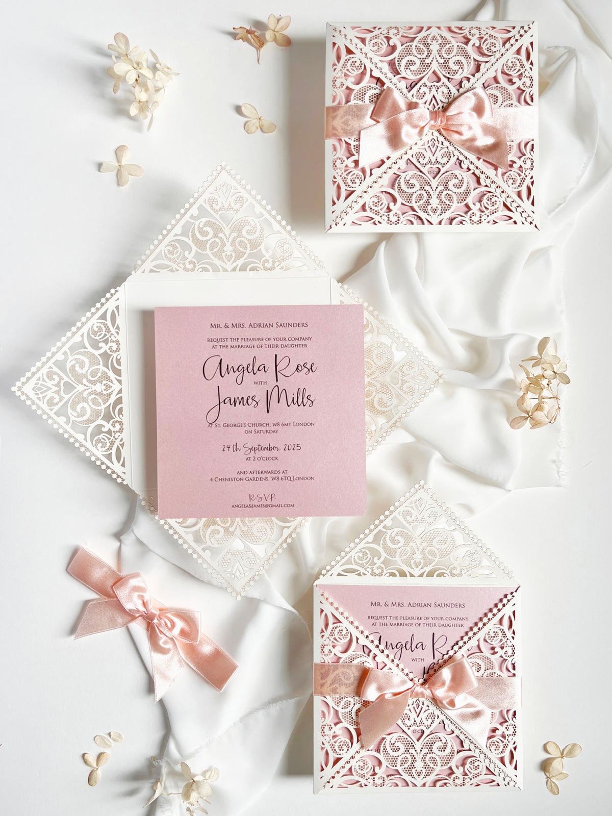 Ivory & Blush Pink Laser Cut Lace Wedding Invitation with Peach Bow, Square Invite, Garden Wedding, Romantic Cards
