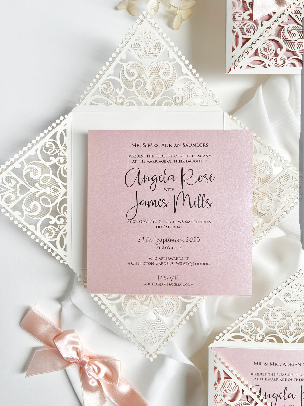 Ivory & Blush Pink Laser Cut Lace Wedding Invitation with Peach Bow, Square Invite, Garden Wedding, Romantic Cards