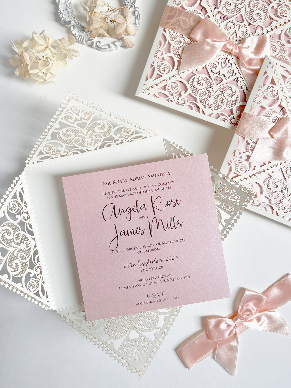 Ivory & Blush Pink Laser Cut Lace Wedding Invitation with Peach Bow, Square Invite, Garden Wedding, Romantic Cards