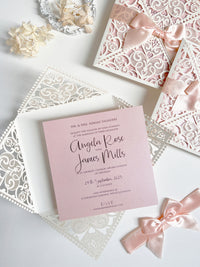 Ivory & Blush Pink Laser Cut Lace Wedding Invitation with Peach Bow, Square Invite, Garden Wedding, Romantic Cards