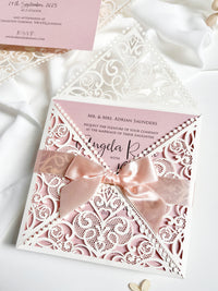 Ivory & Blush Pink Laser Cut Lace Wedding Invitation with Peach Bow, Square Invite, Garden Wedding, Romantic Cards