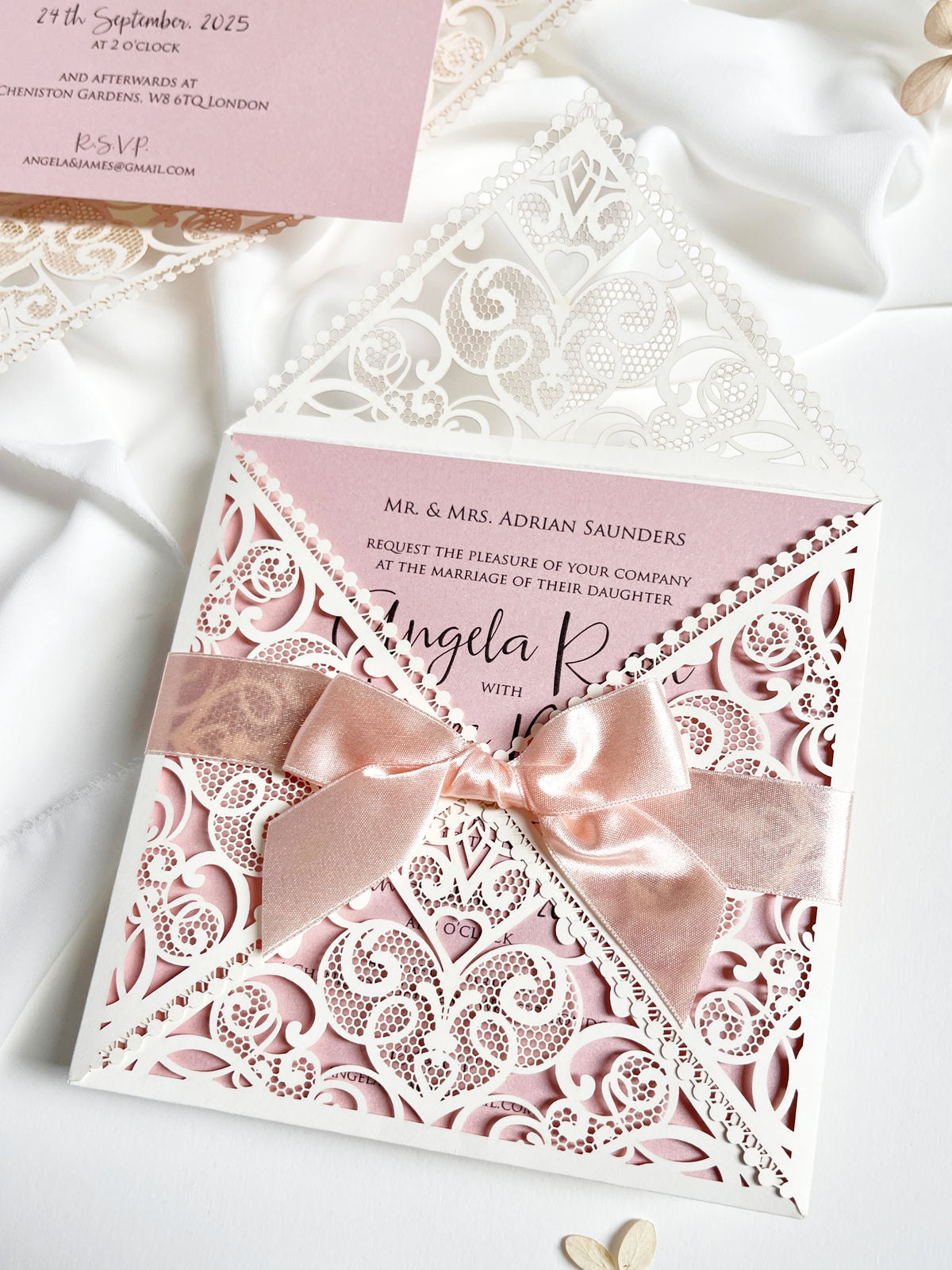 Ivory & Blush Pink Laser Cut Lace Wedding Invitation with Peach Bow, Square Invite, Garden Wedding, Romantic Cards