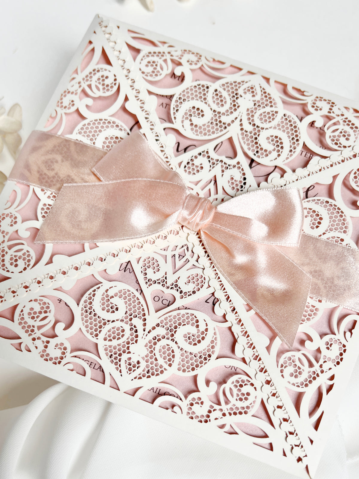 Ivory & Blush Pink Laser Cut Lace Wedding Invitation with Peach Bow, Square Invite, Garden Wedding, Romantic Cards