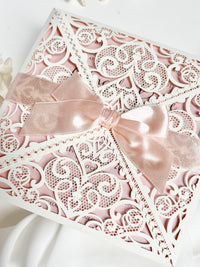 Ivory & Blush Pink Laser Cut Lace Wedding Invitation with Peach Bow, Square Invite, Garden Wedding, Romantic Cards