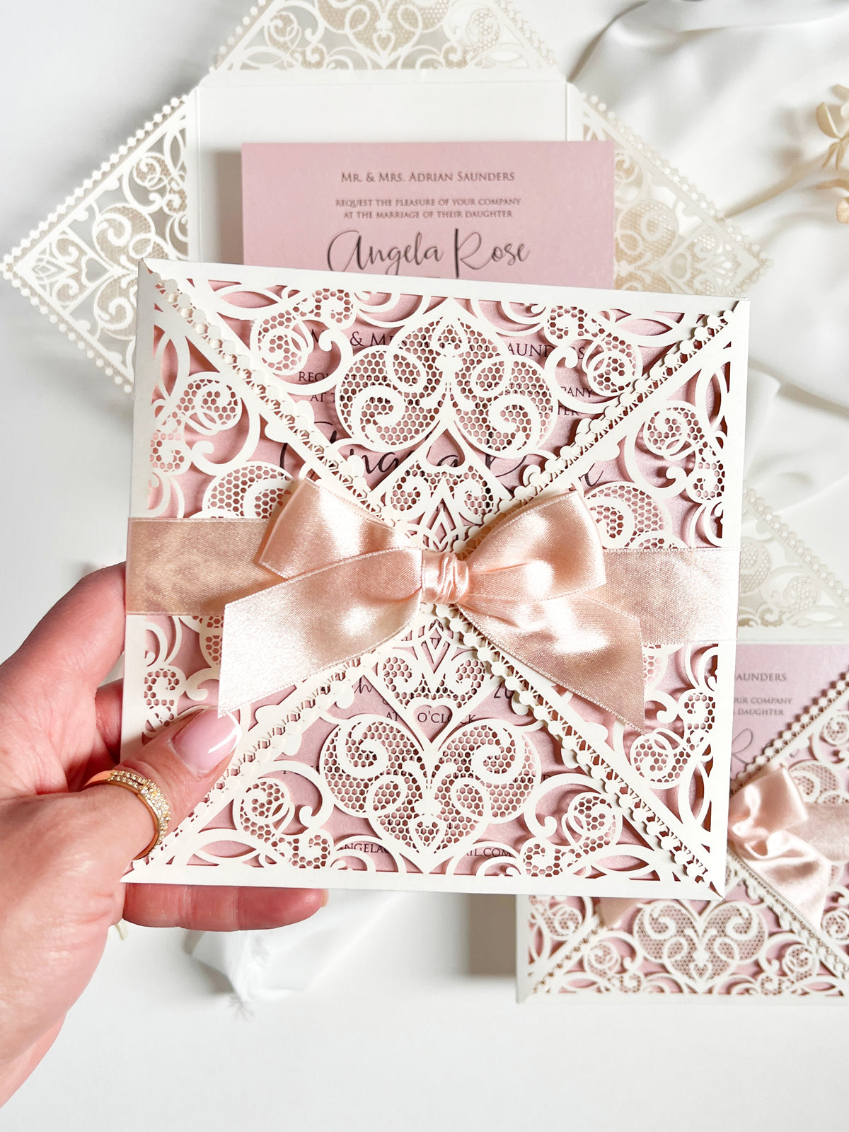 Ivory & Blush Pink Laser Cut Lace Wedding Invitation with Peach Bow, Square Invite, Garden Wedding, Romantic Cards