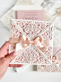 Ivory & Blush Pink Laser Cut Lace Wedding Invitation with Peach Bow, Square Invite, Garden Wedding, Romantic Cards