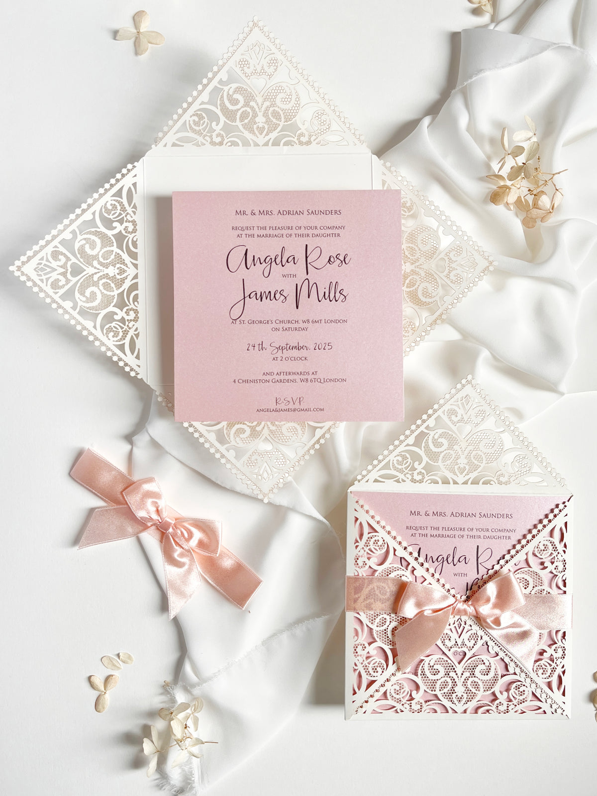Ivory & Blush Pink Laser Cut Lace Wedding Invitation with Peach Bow, Square Invite, Garden Wedding, Romantic Cards