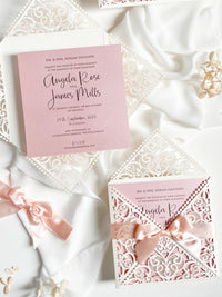 Ivory & Blush Pink Laser Cut Lace Wedding Invitation with Peach Bow, Square Invite, Garden Wedding, Romantic Cards