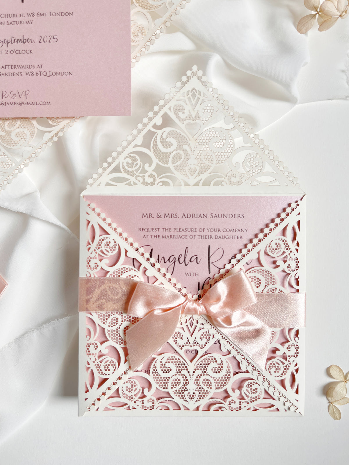Ivory & Blush Pink Laser Cut Lace Wedding Invitation with Peach Bow, Square Invite, Garden Wedding, Romantic Cards