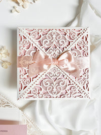 Ivory & Blush Pink Laser Cut Lace Wedding Invitation with Peach Bow, Square Invite, Garden Wedding, Romantic Cards