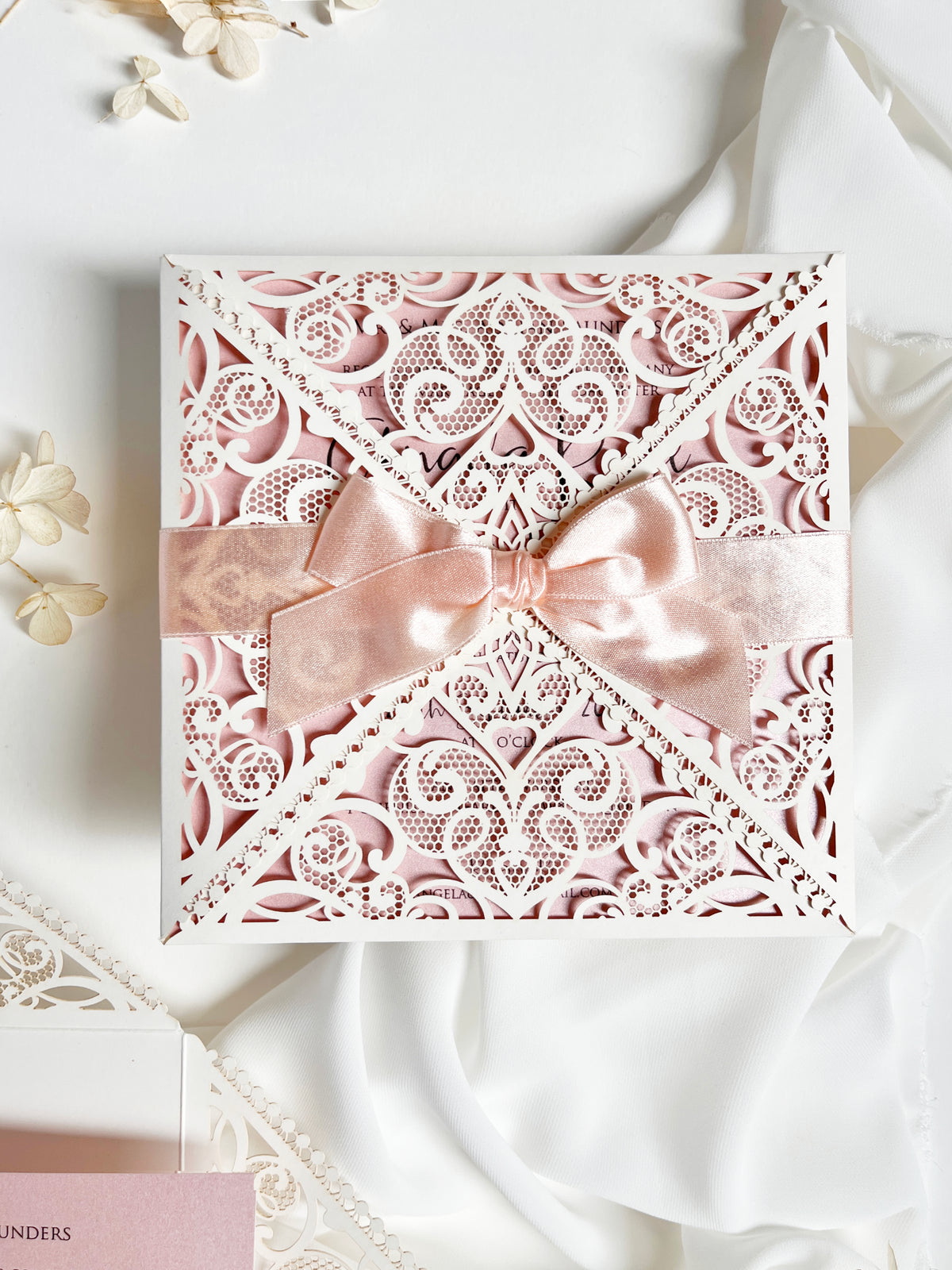Ivory & Blush Pink Laser Cut Lace Wedding Invitation with Peach Bow, Square Invite, Garden Wedding, Romantic Cards