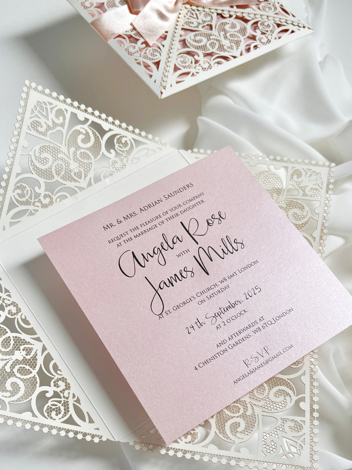 Ivory & Blush Pink Laser Cut Lace Wedding Invitation with Peach Bow, Square Invite, Garden Wedding, Romantic Cards