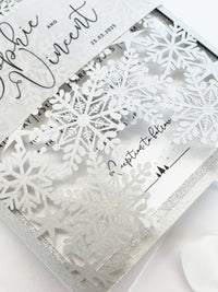 Silver Glitter Winter Wonderland Invitation, Laser Cut Snowflakes with Belly Band, Winter Wedding