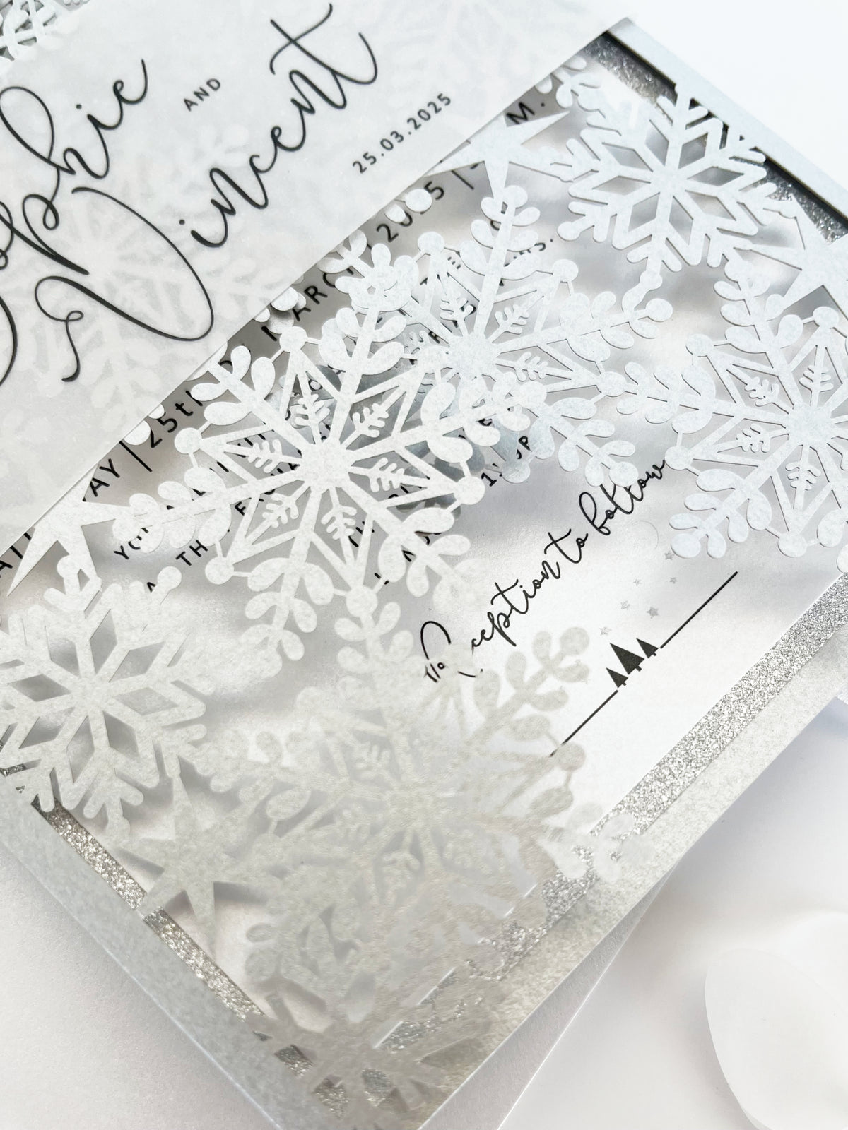 Silver Glitter Winter Wonderland Invitation, Laser Cut Snowflakes with Belly Band, Winter Wedding