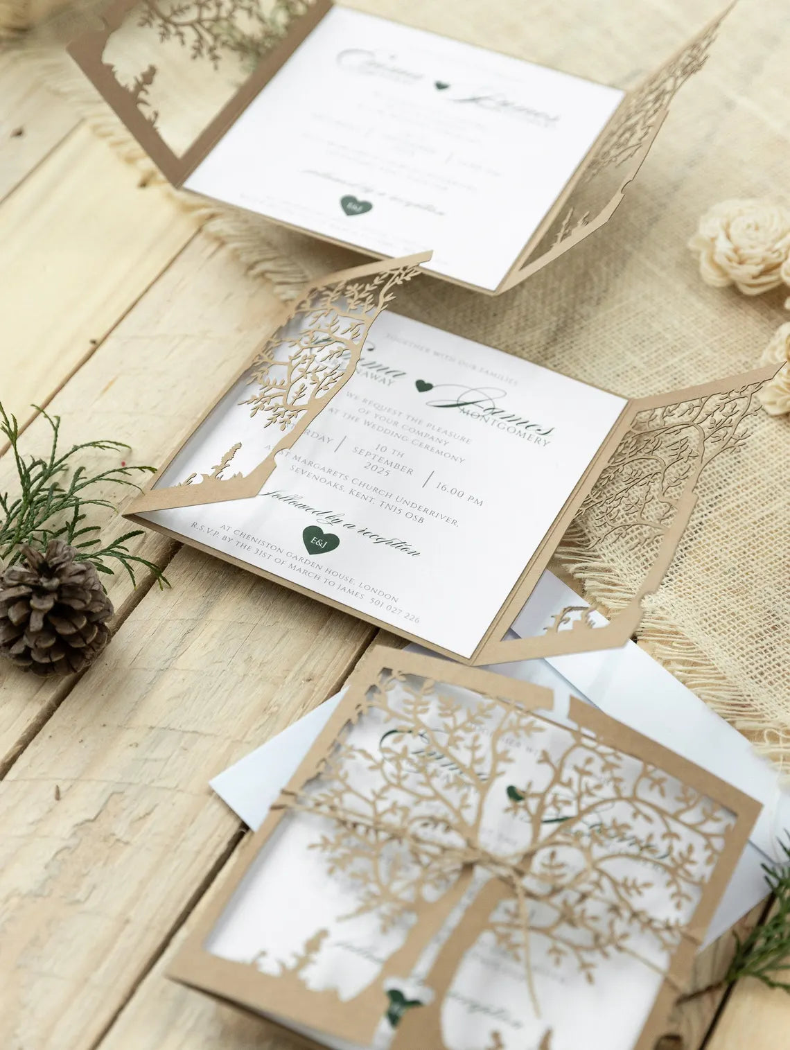 Rustic Eco Wedding Invitations – Personalised Printed Wedding Stationery Set | Boho Wedding Invite, Laser Cut Tree of Life