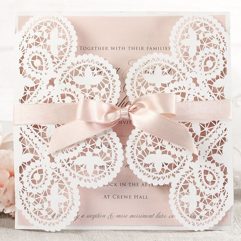 White and Peach Wedding Invitation Laser Cut
