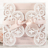 White and Peach Wedding Invitation Laser Cut