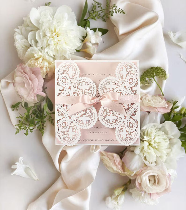 White and Peach Wedding Invitation Laser Cut