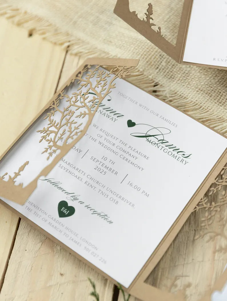 Rustic Eco Wedding Invitations – Personalised Printed Wedding Stationery Set | Boho Wedding Invite, Laser Cut Tree of Life