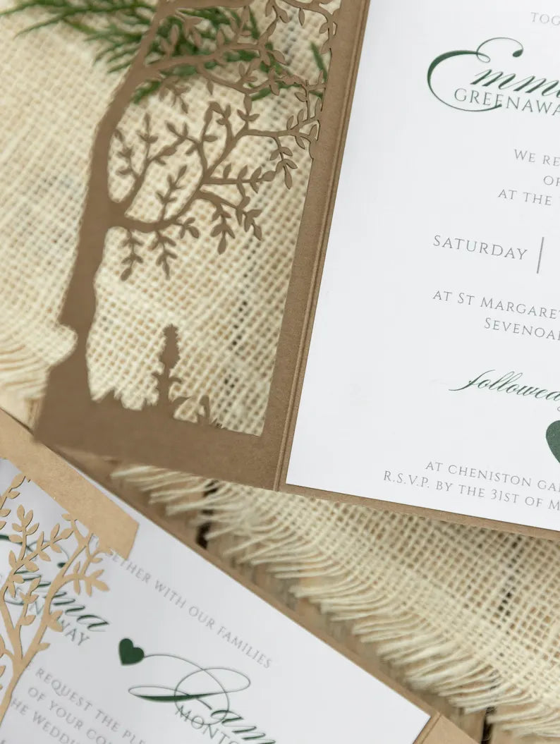 Rustic Eco Wedding Invitations – Personalised Printed Wedding Stationery Set | Boho Wedding Invite, Laser Cut Tree of Life