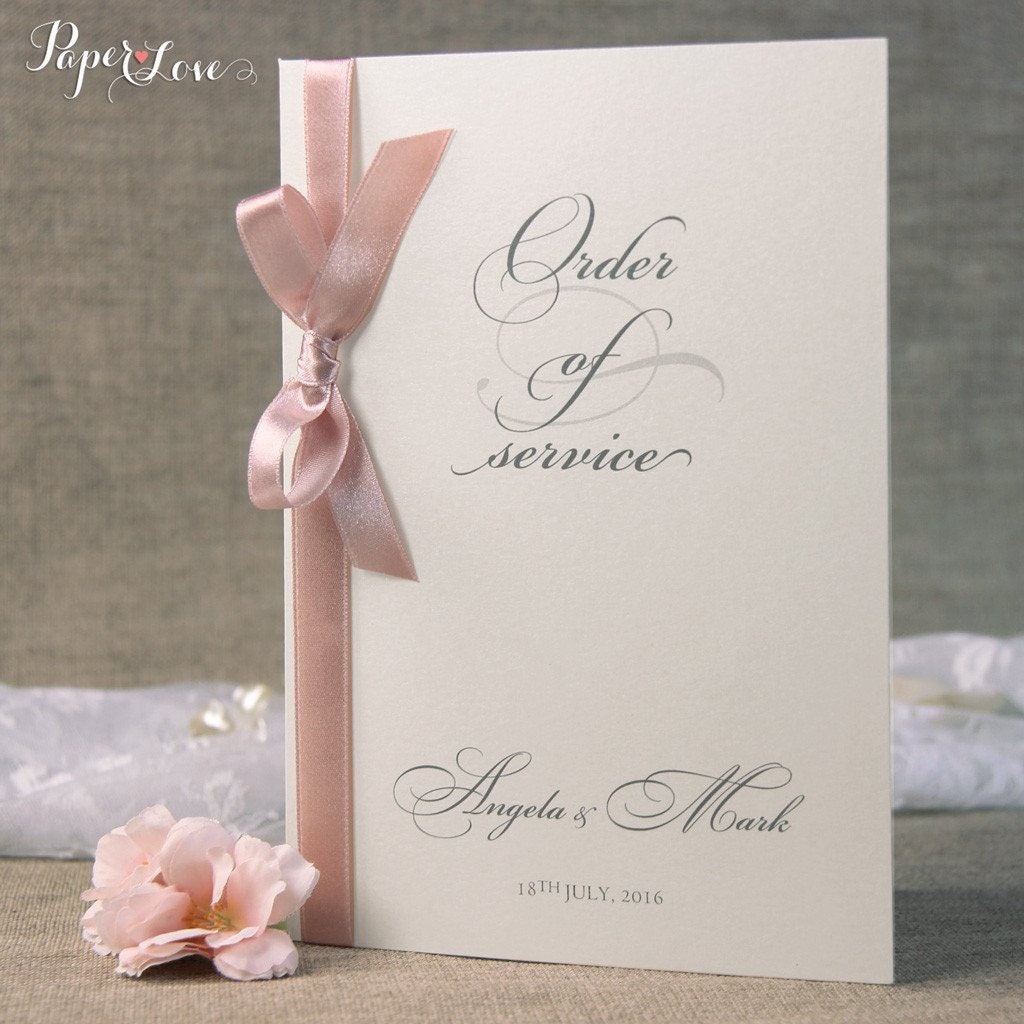 Classy Order of Service with Ribbon Bow - Wedding Program, Folded Program, Order of the Day, Wedding Booklet, Wedding Day