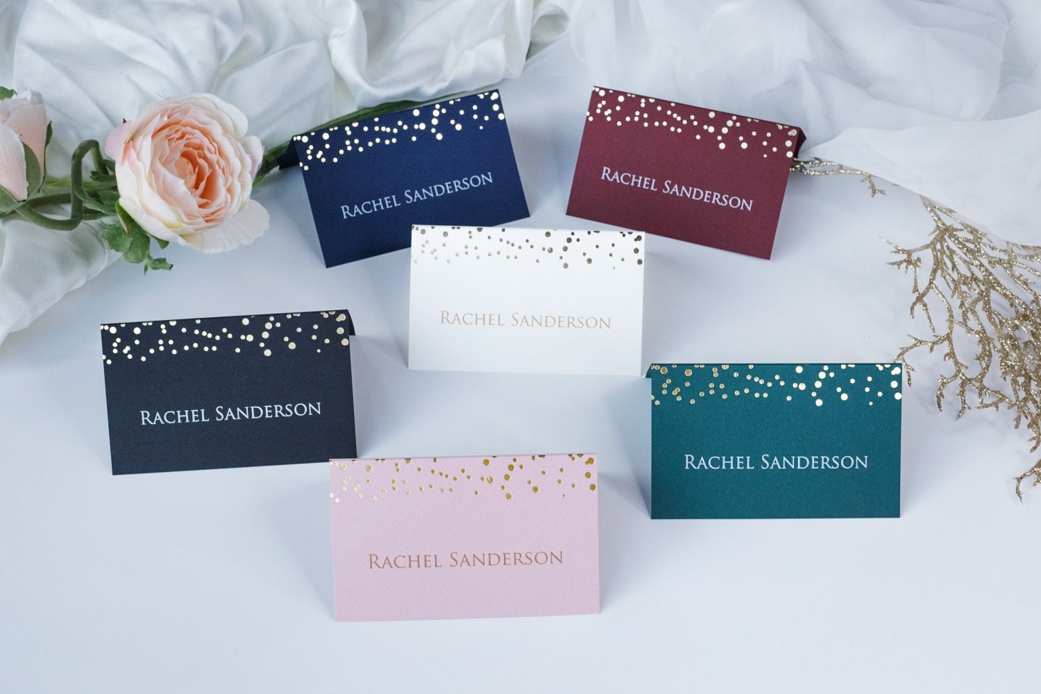 Dots Foil Confetti Name Cards - Wedding Place Cards