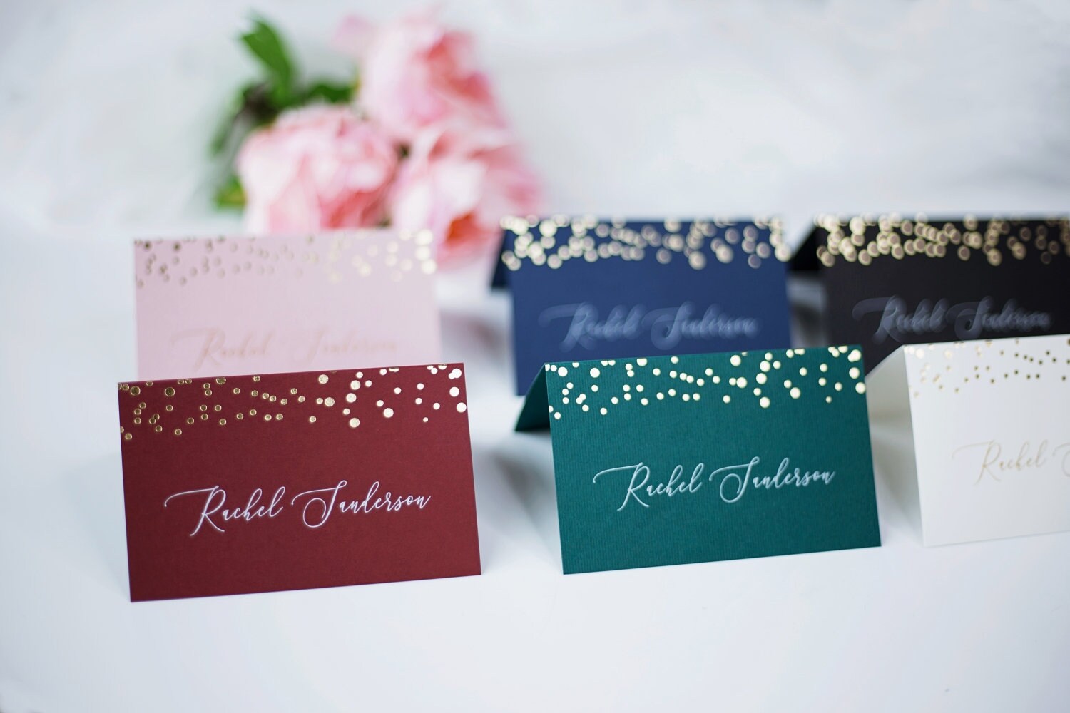 Dots Foil Confetti Name Cards - Wedding Place Cards