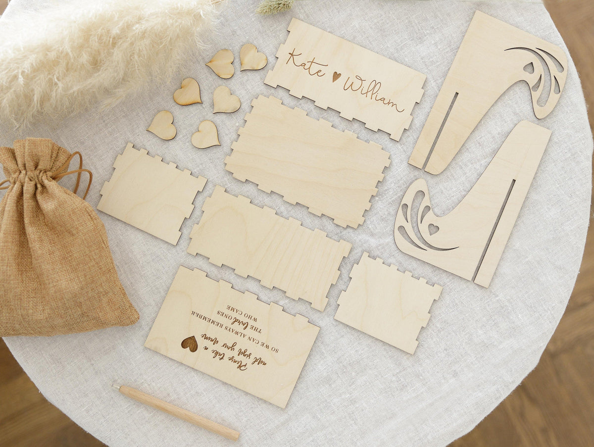 Heart Shaped Personalised Wooden Wedding Guest Book Drop Box with Wooden Box + Wooden Pen + Woodem Hearts Set Clear Background