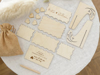 Heart Shaped Personalised Wooden Wedding Guest Book Drop Box with Wooden Box + Wooden Pen + Woodem Hearts Set Clear Background