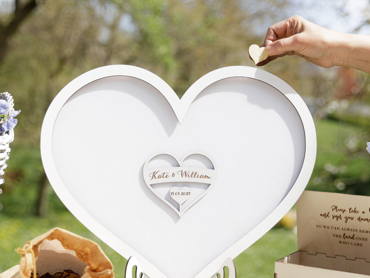 White Heart Shaped Personalised Wooden Wedding Guest Book Drop Box with Wooden Box + Wooden Pen + Woodem Hearts Set