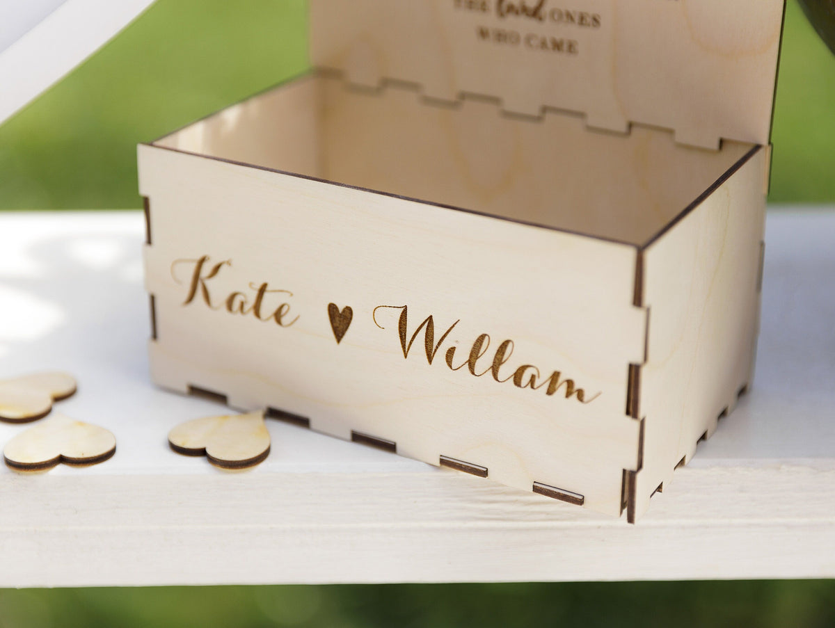 White Heart Shaped Personalised Wooden Wedding Guest Book Drop Box with Wooden Box + Wooden Pen + Woodem Hearts Set
