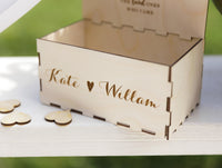 White Heart Shaped Personalised Wooden Wedding Guest Book Drop Box with Wooden Box + Wooden Pen + Woodem Hearts Set