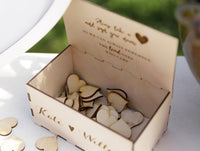 White Heart Shaped Personalised Wooden Wedding Guest Book Drop Box with Wooden Box + Wooden Pen + Woodem Hearts Set