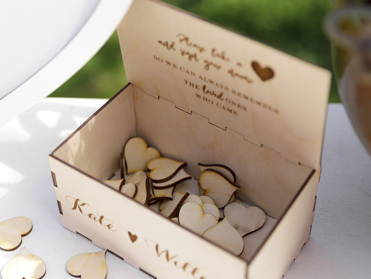 White Heart Shaped Personalised Wooden Wedding Guest Book Drop Box with Wooden Box + Wooden Pen + Woodem Hearts Set