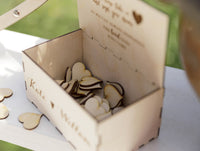 Heart Shaped Personalised Wooden Wedding Guest Book Drop Box with Wooden Box + Wooden Pen + Woodem Hearts Set Clear Background