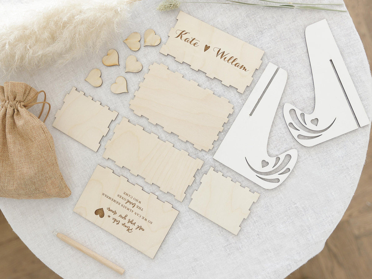 White Heart Shaped Personalised Wooden Wedding Guest Book Drop Box with Wooden Box + Wooden Pen + Woodem Hearts Set