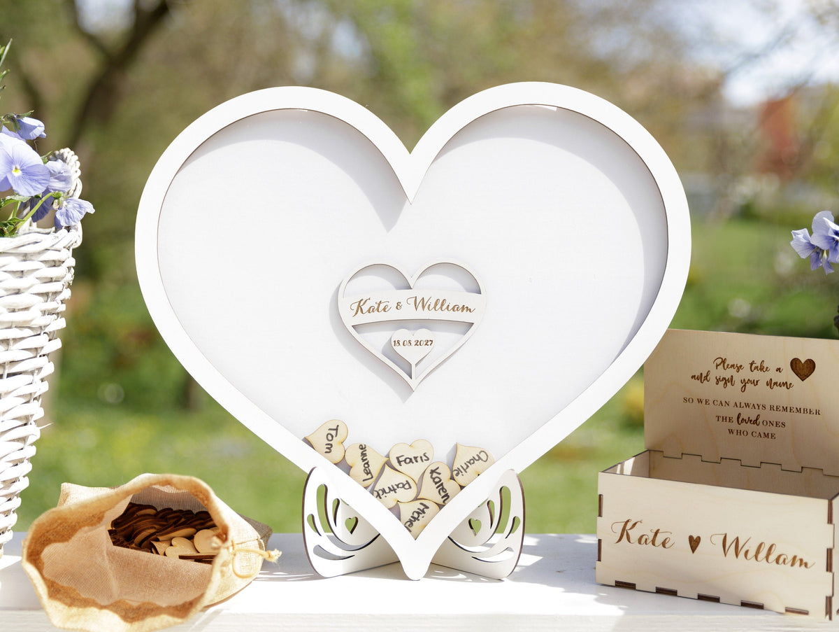 White Heart Shaped Personalised Wooden Wedding Guest Book Drop Box with Wooden Box + Wooden Pen + Woodem Hearts Set