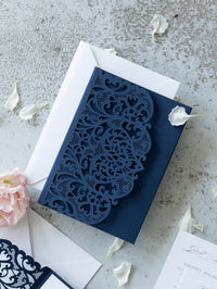 Classic Lace Pocketfold Wedding Invitation Suit, Laser Cut Folder, Invite with Envelope