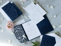 Classic Lace Pocketfold Wedding Invitation Suit, Laser Cut Folder, Invite with Envelope