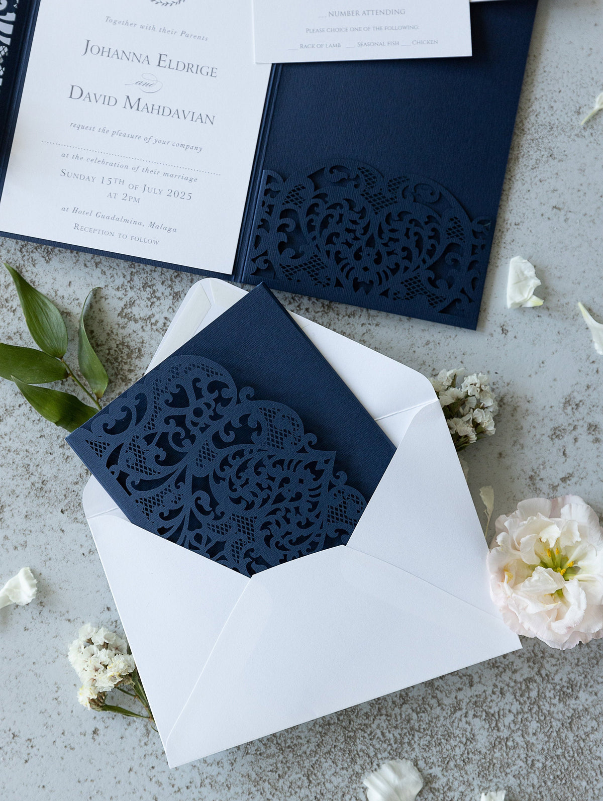 Classic Lace Pocketfold Wedding Invitation Suit, Laser Cut Folder, Invite with Envelope