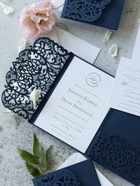 Classic Lace Pocketfold Wedding Invitation Suit, Laser Cut Folder, Invite with Envelope