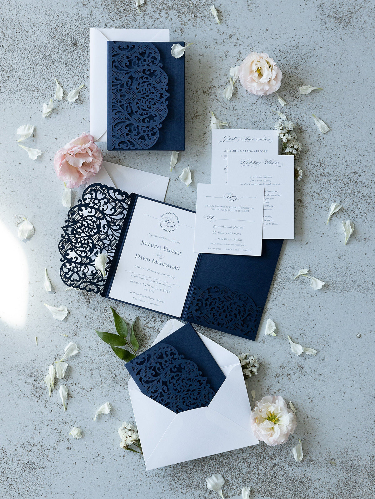 Classic Lace Pocketfold Wedding Invitation Suit, Laser Cut Folder, Invite with Envelope