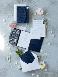 Classic Lace Pocketfold Wedding Invitation Suit, Laser Cut Folder, Invite with Envelope