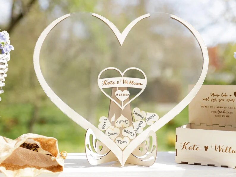 Heart Shaped Personalised Wooden Wedding Guest Book Drop Box with Wooden Box + Wooden Pen + Woodem Hearts Set Clear Background