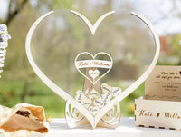 Heart Shaped Personalised Wooden Wedding Guest Book Drop Box with Wooden Box + Wooden Pen + Woodem Hearts Set Clear Background