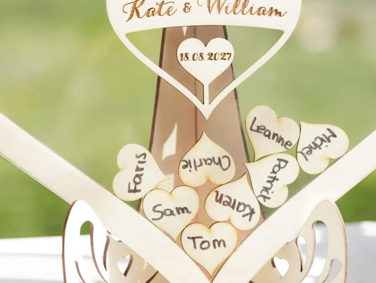 Clear Background Heart Shaped Personalised Wooden Wedding Guest Book Drop Box with Wooden Box + Wooden Pen + Wooden Hearts Set