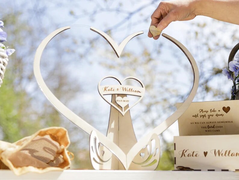 Heart Shaped Personalised Wooden Wedding Guest Book Drop Box with Wooden Box + Wooden Pen + Woodem Hearts Set Clear Background